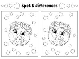 Find five differences. Coloring page for kids. Activity worksheet for children. Vector illustration isolated on white background.