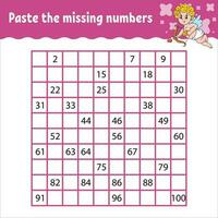 Paste the missing numbers from 1 to 100. Handwriting practice. Learning numbers for kids. Education developing worksheet. Activity page. Isolated vector illustration in cute cartoon style.