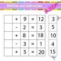 Addition and subtraction. Task for kids. Cut and paste. Education developing worksheet. Activity page. Game for children. Funny character. Isolated vector illustration. cartoon style.
