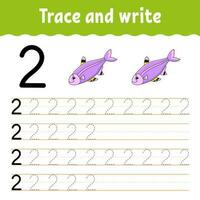 Learn Numbers. Trace and write. Handwriting practice. Learning numbers for kids. Education developing worksheet. Color activity page. Vector illustration.