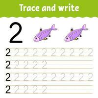 Learn Numbers. Trace and write. Handwriting practice. Learning numbers for kids. Education developing worksheet. Color activity page. Vector illustration.