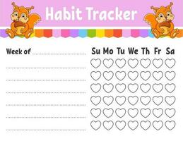 Habit tracker for kids. Sheet template for printing. With cute character. Vector illustration.