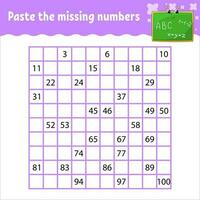 Paste the missing numbers from 1 to 100. Handwriting practice. Learning numbers for kids. Education developing worksheet. Activity page. Vector illustration.