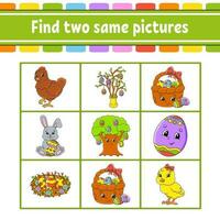 Find two same pictures. Task for kids. Education developing worksheet. Activity page. Color game for children. Easter theme. Funny character. Isolated vector illustration. cartoon style.