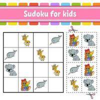 sudoku para niños. hoja de trabajo de desarrollo educativo. página de actividades con imágenes. juego de rompecabezas para niños. entrenamiento del pensamiento lógico. ilustración vectorial aislada. personaje divertido. estilo de dibujos animados. vector