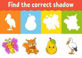 Find the correct shadow. Education worksheet. Matching game for kids. Color activity page. Puzzle for children. cartoon character. Vector illustration.