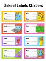 Name and class. Back to school labels. Set stickers for notebook. Bright stickers. Rectangular label. Cute characters. Color vector isolated illustration.