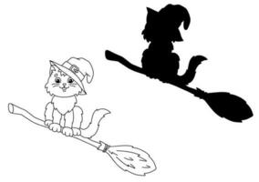 A cat in a witch hat flies on a broomstick. Coloring book page for kids. Cartoon style character. Vector illustration isolated on white background.