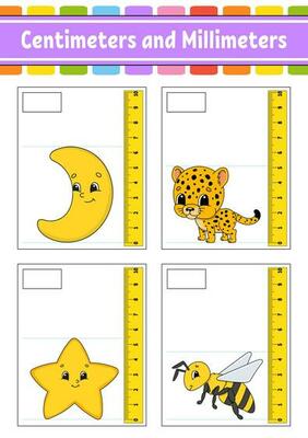 Measuring length in centimeter and millimeter. Education developing worksheet. Game for kids. Color activity page. Puzzle for children. Cute character. Vector illustration. cartoon style.