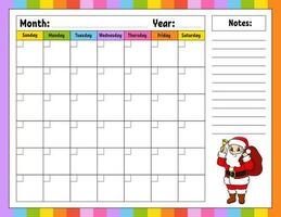 Blank calendar template for one month without dates. Colorful design with a cute character. Vector illustration.