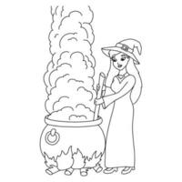 A young witch is brewing a potion in a cauldron. Coloring book page for kids. Cartoon style character. Vector illustration isolated on white background. Halloween theme.