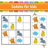 sudoku para niños. educación desarrollando hoja de cálculo. actividad página con fotos. rompecabezas juego para niños. vector