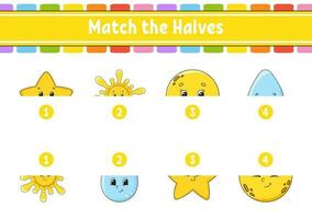 Match the halves. Education developing worksheet. Matching game for kids. Color activity page. Riddle for children. Cute character. Vector illustration. Cartoon style.