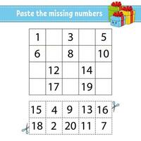 Paste the missing numbers 1-20. Game for children. Handwriting practice. Learning numbers for kids. Education developing worksheet. Activity page. Isolated vector illustration in cute cartoon style.