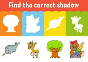 Find the correct shadow. Education worksheet. Matching game for kids. Color activity page. Puzzle for children. cartoon character. Isolated vector illustration.