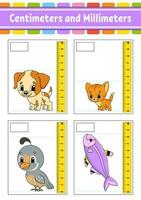 Measuring length in centimeter and millimeter. Education developing worksheet. Game for kids. Color activity page. Puzzle for children. Cute character. Vector illustration. cartoon style.