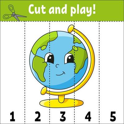 Learning numbers 1-5. Cut and play. Education worksheet. Game for kids. Color activity page. Puzzle for children. Riddle for preschool. Cartoon style. Vector illustration.