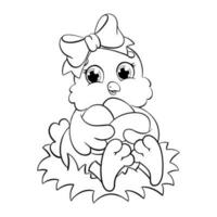 A cute chick is holding Easter eggs. Coloring book page for kids. Cartoon style character. Vector illustration isolated on white background.