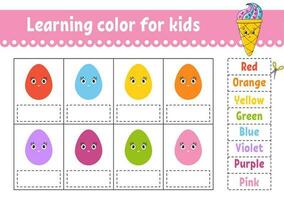 Learning color for kids. Education developing worksheet. Activity page with color pictures. Riddle for children. Funny character. cartoon style. Vector illustration.