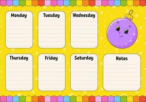 School schedule. Timetable for schoolboys. Empty template. Weekly planer with notes. cartoon character. Vector illustration.