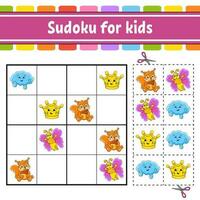 sudoku para niños. hoja de trabajo de desarrollo educativo. página de actividades con imágenes. juego de rompecabezas para niños. entrenamiento del pensamiento lógico. personaje divertido ilustración vectorial vector