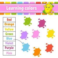 Learning colors. Education developing worksheet. Activity page with pictures. Game for children. Funny character. cartoon style. Vector illustration.