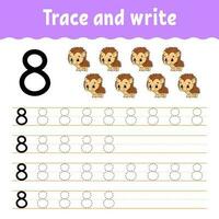 Learn Numbers. Trace and write. Handwriting practice. Learning numbers for kids. Education developing worksheet. Color activity page. Vector illustration.