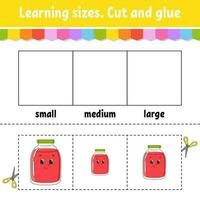 Learning sizes. Cut and glue. Easy level. Color activity worksheet. Game for children. Cartoon character. Vector illustration.