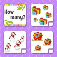 Counting game for children. Happy characters. Learning mathematics. How many object in the picture. Education worksheet. Christmas theme. Isolated vector illustration in cute cartoon style.