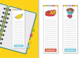 Set of paper bookmarks for books with cute cartoon characters. For kids. Isolated on white background. Vector illustration.