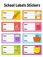 Name and class. Back to school labels. Set stickers for notebook. Bright stickers. Rectangular label. Color vector isolated illustration.