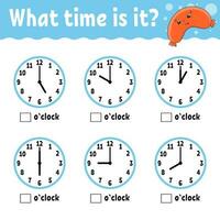 Learning time on the clock. Educational activity worksheet for kids and toddlers. Game for children. Simple flat isolated color vector illustration in cute cartoon style.