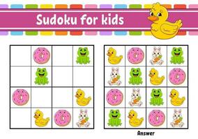 Sudoku for kids. Education developing worksheet. cartoon character. Color activity page. Puzzle game for children. Logical thinking training. Vector illustration.