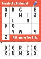 Finish the alphabet. ABC game for kids. Cut and glue. Education developing worksheet. Learning game for kids. Color activity page. vector