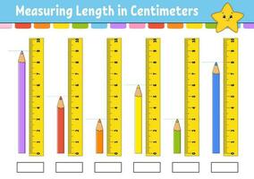 Measuring length in centimeter with ruler. Education developing worksheet. Game for kids. Color activity page. Puzzle for children. Cute character. Vector illustration. cartoon style.