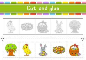 Cut and play. Paper game with glue. Flash cards. Education worksheet. Activity page. Scissors practice. . vector