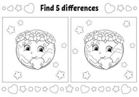 Find five differences. Coloring page for kids. Activity worksheet for children. Vector illustration isolated on white background.