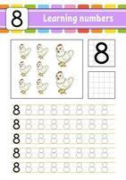 Trace and write numbers. Handwriting practice. Learning numbers for kids. Education developing worksheet. Activity page. Vector illustration.