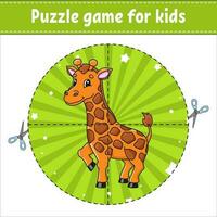 Giraffe animal. Cut and play. Round puzzle. Logic puzzle for kids. Activity page. Cutting practice for preschool. Cartoon character. vector