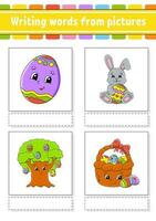 Writing words from pictures. Learn English words. Education developing worksheet. Color activity page. cartoon character. Vector illustration.