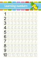 Trace and write numbers. Handwriting practice. Learning numbers for kids. Education developing worksheet. Activity page. Vector illustration.