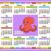 calendario para 2023 con un lindo personaje. diseño divertido y brillante. ilustración de vector de color aislado. estilo de dibujos animados