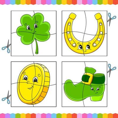 Cut and play. Paper game with glue. Flash cards. Education worksheet. Activity page. St. Patrick's Day. Isolated vector illustration. cartoon style.