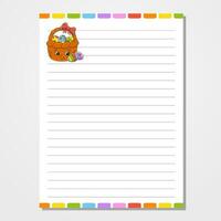 Sheet template for notebook, notepad, diary. Lined paper. Cute character. Easter theme. Isolated vector illustration. cartoon style.