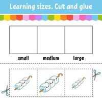 Learning sizes. Cut and glue. Easy level. Color activity worksheet. Game for children. Cartoon character. Vector illustration.