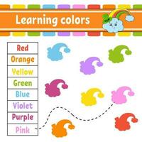 Learning colors. Education developing worksheet. Activity page with pictures. Game for children. Funny character. cartoon style. Vector illustration.