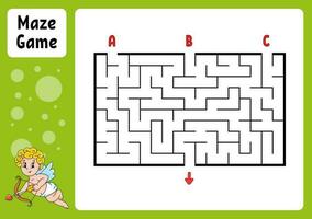 Rectangle maze. Game for kids. Three entrances, one exit. Education worksheet. Puzzle for children. Labyrinth conundrum. Find the right path. cartoon character. Vector illustration.