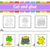 Cut and glue. Game for kids. Education developing worksheet. Color activity page. cartoon character. St. Patrick's day. vector