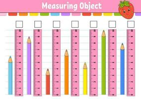 Measuring length in centimeter with ruler. Education developing worksheet. Game for kids. Color activity page. Puzzle for children. Cute character. Vector illustration. cartoon style.