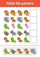 Finish the pattern. Cut and play. Education developing worksheet. Activity page. cartoon character. Vector illustration.